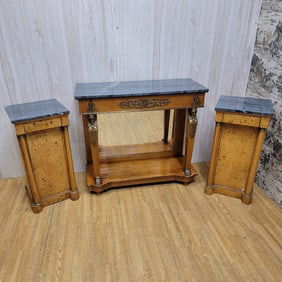 Antique Biedermeier Mirror Back Pier Console Table with 2 Marble Top Side Chests