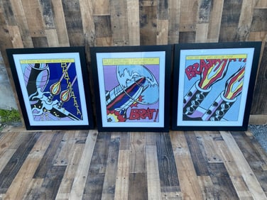 Vintage Framed Roy Lichtenstein Lithograph Triptych "As I Opened Fire" Prints, Stedelijk Museum -