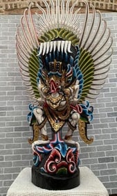 Antique Hand Carved Vibrantly Detailed Wooden Sculpture of The Hindu God Garuda