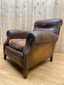 French Art Deco Distressed Brown Leather Club Chair