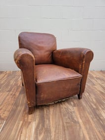 Vintage French Art Deco Original Distressed Leather Club Chair