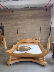 Vintage Italian Biedermeier Style King Canopy Bed Frame, Wall Mirror and 2 Bed Side Chests