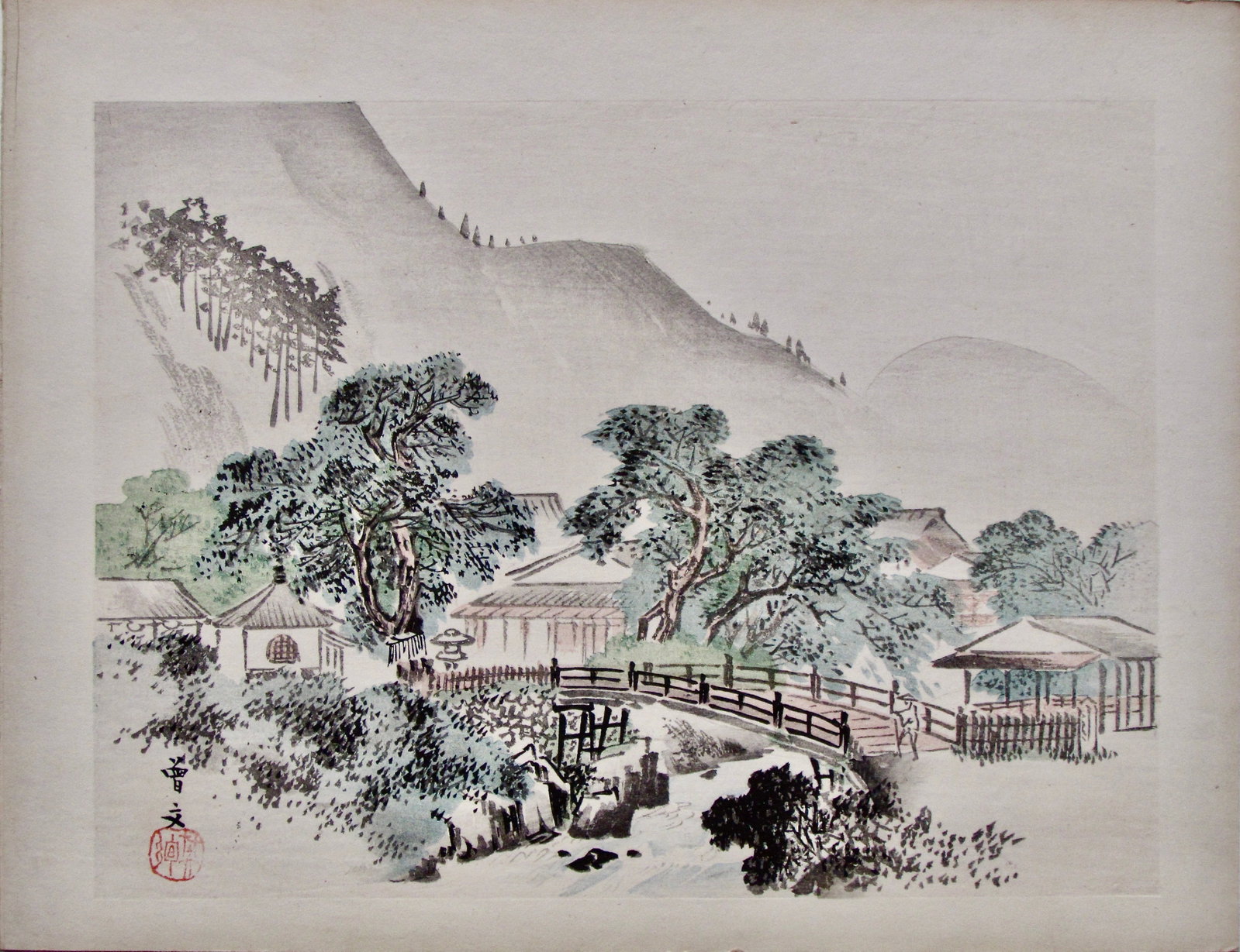 Sobun: Temple and Footbridge: Artist: Morikawa SOBUN (1847-1902) Subject: Temple and Footbridge Subject: Miyako meisho nijûgo kei (Twenty-five Famous Places in Kyoto) Publisher: Tanak Jihei Signature: Sobun with artist's seal