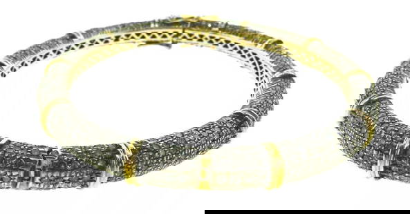 GORGEOUS 14k Yellow Gold, Silver & Rose Cut Diamond Indian Bangle: DK Sterling Silver, 14k Yellow Gold & Rose Cut Diamond Bangle · Wonderful bangle that is a necessity in your collection. · The weight is 28.7 grams. · The length is 7 inches. The width