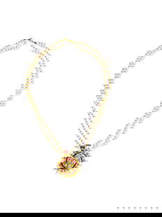 22k Gold Natural Basra Pearl Diamond Emerald Necklace.: Metal: 22K yellow gold. 100% natural basra pearl. 1.25 carat diamond. Rose cut. F-G color, VS clarity. Diamonds set in flush setting. Colombian emerald (pear shape). Gorgeous Indian multi gemstone nec
