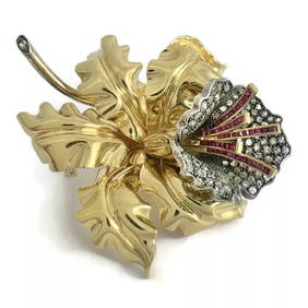 Antique Art Nouveau Diamond Ruby Flower Brooch Pin 18K Yellow Gold, 38.16 Gr (1 of 10)