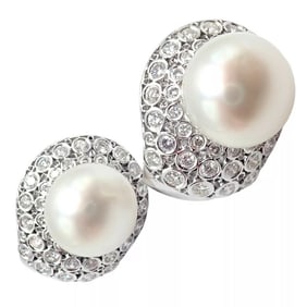 Vintage Estate 18k White Gold Diamond 13mm Pearl Earrings