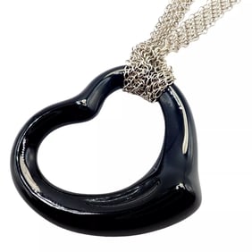 Tiffany & Co Silver Peretti 35mm Large Open Onyx Heart Pendant 28" Mesh Necklace