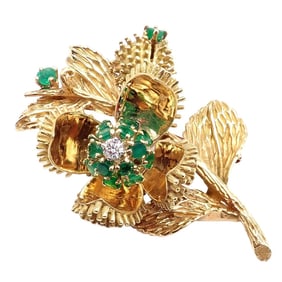 Rare! Tiffany & Co 18k Yellow Gold Diamond Emerald Flower Night & Day Brooch Pin