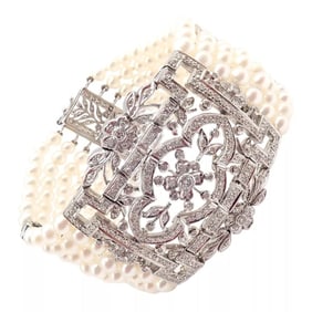 Vintage Estate 18k White Gold Diamond 7 Row 4.5mm Pearl Bracelet