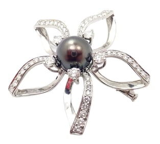 Rare! Authentic Mikimoto Platinum Diamond Tahitian South Sea Pearl Brooch Pin