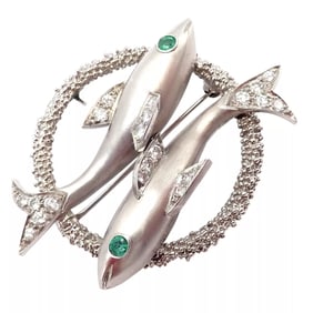 Cartier 18k White Gold Platinum Diamond Emerald Zodiac Pisces Fish Brooch Pin
