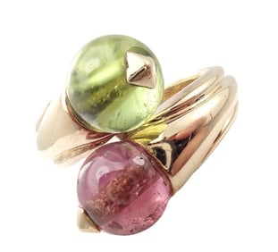 Vintage Bulgari Bvlgari 18k Yellow Gold Pink + Green Tourmaline Bypass Ring
