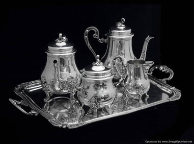 D.R. - FRENCH ANTIQUE 19th CENTURY 5 pc. SILVER PLATED TEA SET WITH SERVING TRAY !! (1 of 5)