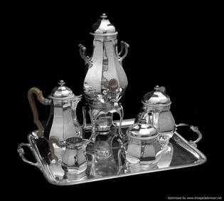 TETARD FRERES ANTIQUE ART DECO 6pc STERLING SILVER TEA SET, SERVING TRAY & WRAPS (1 of 14)