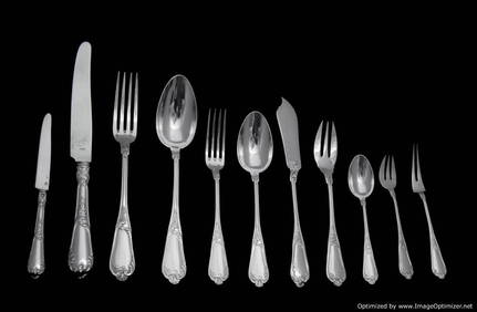 CARON - FRENCH ANTIQUE LOUIS XVI STERLING SILVER FLATWARE SET, 1850-1899, 197pc. + TRAYS (1 of 11)