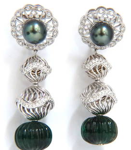 46CT NATURAL EMERALD DIAMOND PEACOCK TAHITIAN PEARL DANGLING EARRINGS 18Kt+: ONLY MAGNIFICENT JEWELS exclusive collections: Natural carved Emeralds Pumpkin patterned like 3d wedge feels. 44ct. total weight. Rare to match. Emeralds: 15.4 X 11.7mm Zambia Origin. 9.5mm Natural ta