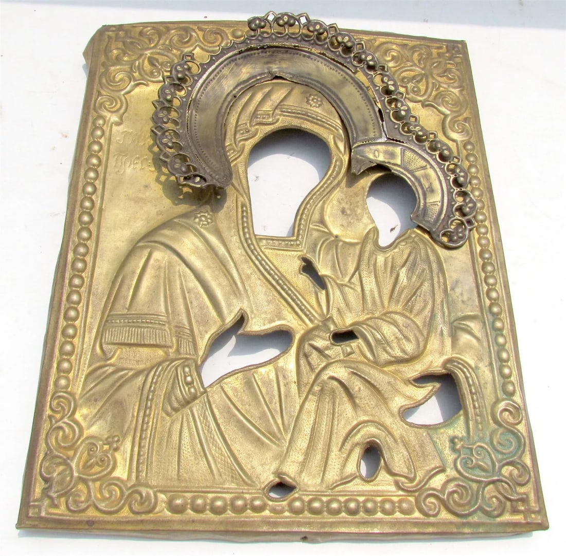 RUSSIAN ICON OKLAD 19th CENTURY antique BRASS TIKHVINE MOTHER OF GOD (1 of 2)
