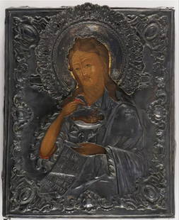 ANTIQUE 84 SILVER 19C HAND PAINTED RUSSIAN ICON JOHN THE BAPTIST LARGE: LARGE RUSSIAN ICON SAINT JOHN THE FORERUNNER C. 1852. Comprising a waist-up depiction of John the Forerunner wearing a camel hair coat and holding a chalice. Depicting the infant Christ to whom he poi