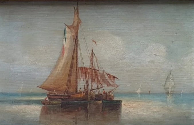 Antique Orginal Painting Seascape Boats and Marine People Framed (1 of 8)