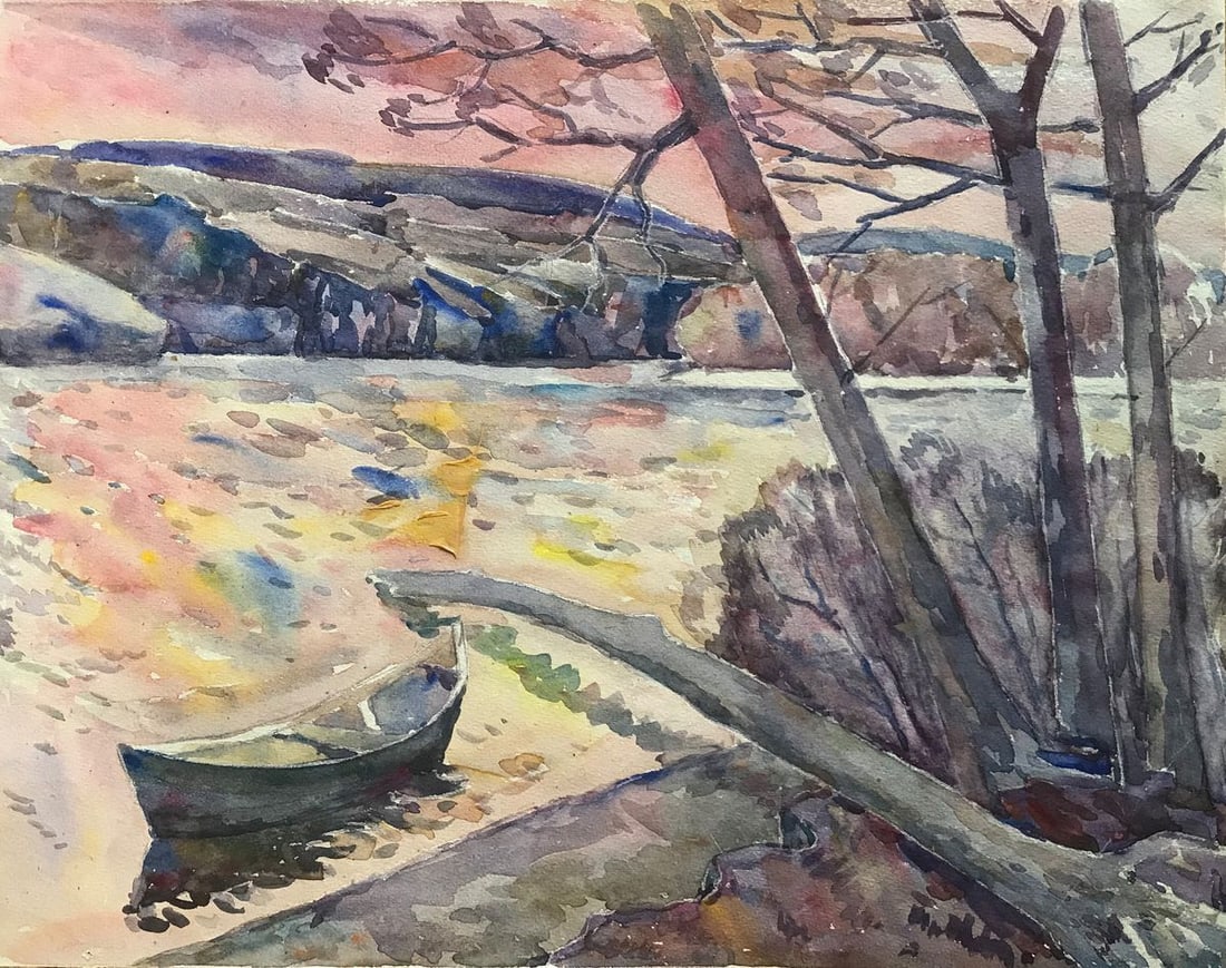 Watercolor painting On the shore Unknown artist: AAA2237 Set sail on a peaceful journey with this painting, "On the Shore." Capturing a beautiful river landscape at sunset, the painting features lovely colors of the setting sun. You can almost feel