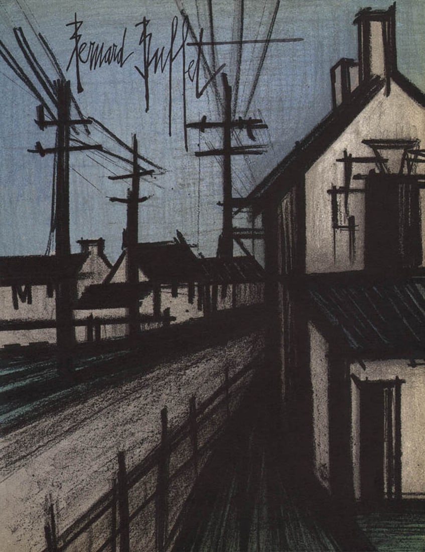 Bernard Buffet The Village Road Original Lithograph 1967: Artist: Bernard Buffet Country: France Title: The village road Medium: Original Lithograph Marks: Signed in plate, not numbered Printed: 1967 by Fernand Mourlot France Paper: Velin Acropole 12.5 x 9.5