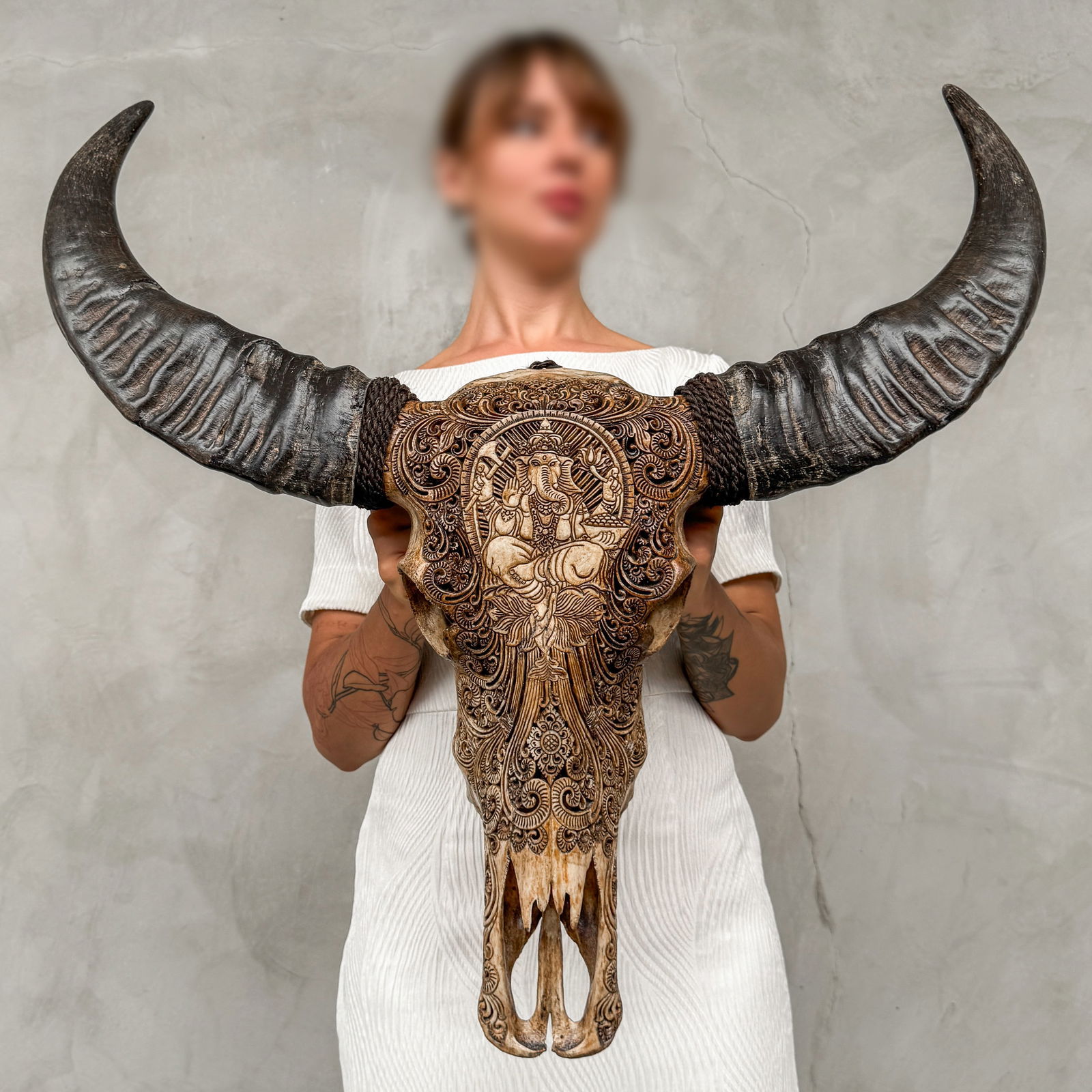 Hand-carved brown water buffalo skull - Ganesha motif: Title: Hand-carved brown water buffalo skull - Ganesha motif Maker:Unknown Origin: Indonesia Date/Period:2025 Materials:Bubalus Bubalis, Bone, horn Dimensions:Height: 74 cm / 29.1 inches Width: 75 cm