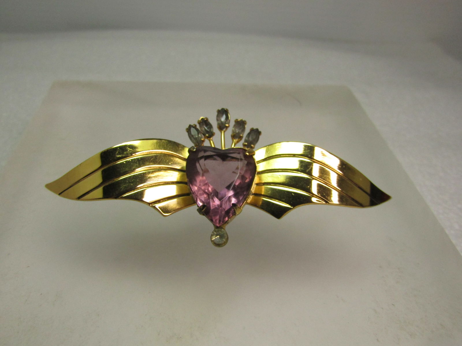 Vintage Coro Sterling Vermeil Purple Rhinestone Heart Winged Brooch, 1940's, (1 of 6)
