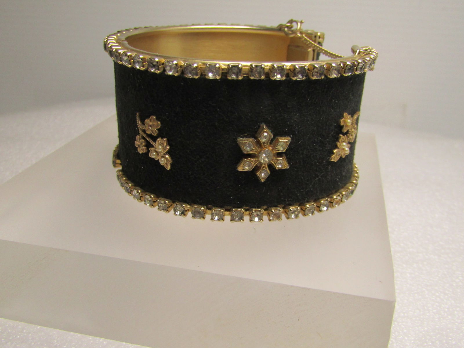 Vintage Black Suede And Floral Cuff Bracelet, 6.5", wide, Safety Chain, 1950's-1960's (1 of 5)