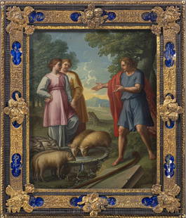 17TH CENTURY - "MOSE AT THE WELL OF MADIAN" - OIL ON COPPER - ITALIAN SCHOOL: Title: 17TH CENTURY - "MOSE AT THE WELL OF MADIAN" - OIL ON COPPER - ITALIAN SCHOOL Date Period: 17th century Materials: Wood, Copper Dimensions: 42x34 cm | 16,54x13,39 inches Description: "Moses at t