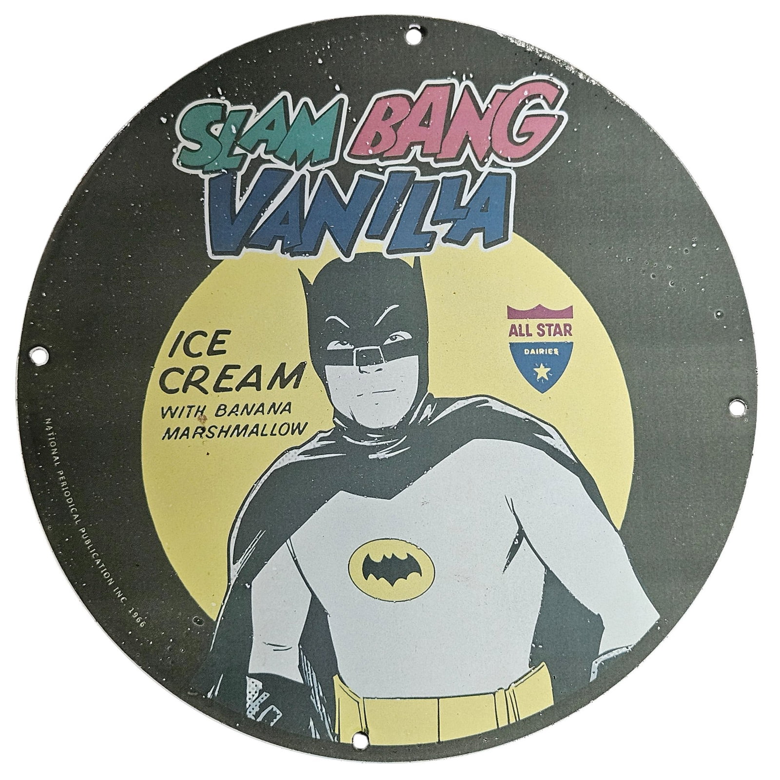 Vintage Slam Bang Vanilla Ice Cream Porcelain Sign - Batman Theme with Unique Flavor: Discover this charming vintage porcelain sign featuring the iconic Batman character promoting 'Slam Bang Vanilla Ice Cream with Banana Marshmallow.' This intriguing collectible beautifully combines no