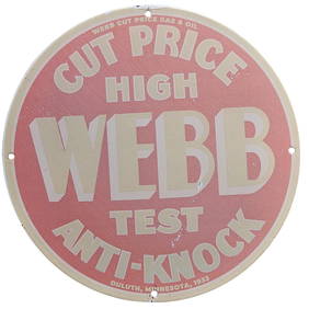 Vintage 1933 Webb Cut Price Gas & Oil Porcelain Sign - High Test Anti-Knock Collectible (1 of 2)