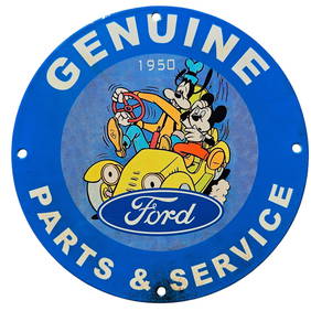 1950 Ford Genuine Parts & Service Sign – Disney Characters – Rare 8" Porcelain (1 of 2)
