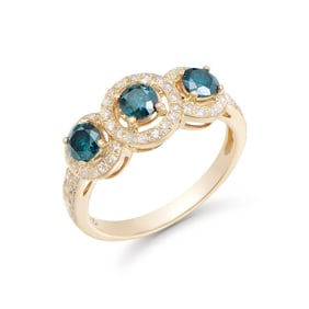 1.27 CTS TW CERTIFIED DIAMONDS 14K YELLOW GOLD DESIGNER RING SIZE 7.5 WITH 3 STONE LONDON BLUE COLOR
