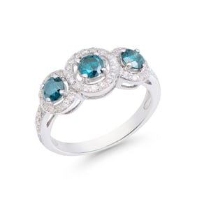 1.27 CTS TW CERTIFIED DIAMONDS 14K WHITE GOLD DESIGNER RING SIZE 7.5 WITH 3 STONE LONDON BLUE COLOR