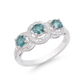 1.27 CTS TW CERTIFIED DIAMONDS 14K WHITE GOLD DESIGNER RING SIZE 7.5 WITH 3 STONE SWISS BLUE COLOR &