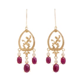 18k Yellow Gold Plated Silver Oval Ruby Earring, 5.95 g
