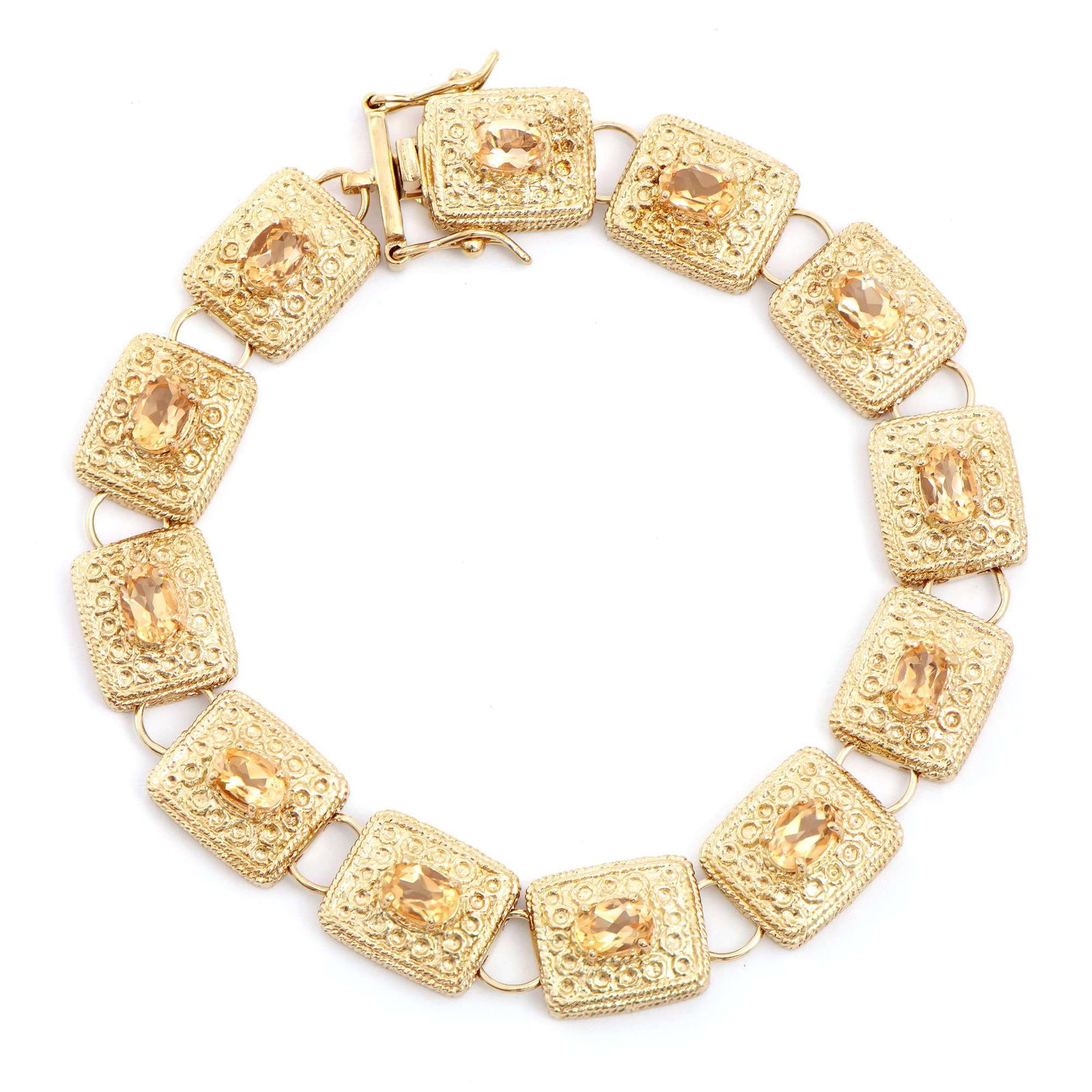 5.05 ctw Citrine 18K Gold Plated Antique Style Designer Bracelet 7.8 in: Title: 5.05 ctw Citrine 18K Gold Plated Antique Style Designer Bracelet 7.8 in Stone 1: Citrine Color: Orange Shape: Oval Size: 6x4 Quantity: 12 CTW: 5.05 Plating Material: 18K Yellow Gold Primary Mat