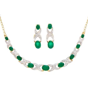 6.18 TW CTS GREEN AGATE & DIAMONDS 18K GOLD PLATED DESIGNER NECKLACE & EAR-RING SET 19 INCHES