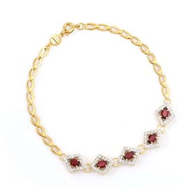 2.41 TW CTS GARNETS & DIAMONDS 18K GOLD PLATED DESIGNER BRACELET SIZE 8.25 INCHES