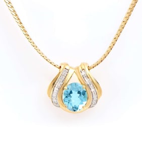 6.12 TW CTS BLUE TOPAZ & DIAMONDS 18K GOLD PLATED DESIGNER NECKLACE SIZE 16 INCHES