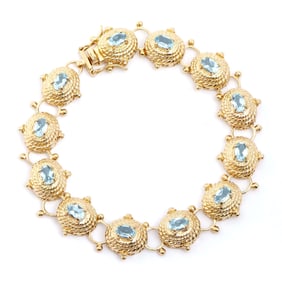 6.25 ctw Blue Topaz 18K Gold Plated Designer Antique Style Bracelet 8.1 in