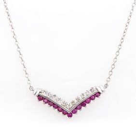0.73 ctw Ruby & Diamonds Rhodium Plated Designer Necklace 18 in