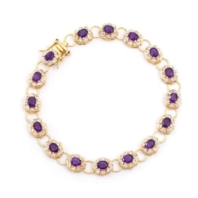 6.46 TW AMETHYST & DIAMONDS 18K GOLD PLATED DESIGNER BRACELET SIZE 8 INCHES