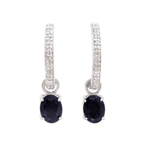 Rodium Plated Silver Oval Sapphire Earring, 4.00 g