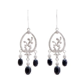 Rodium Plated Silver Oval Sapphire Earring, 5.93 g