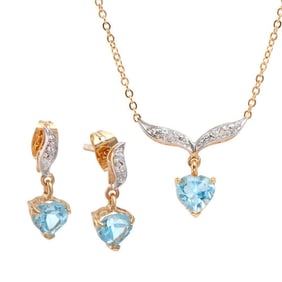 3.14 TW CTS BLUE TOPAZ & DIAMONDS 18K GOLD PLATED DESIGNER NECKLACE & EAR-RING SET 19 INCHES