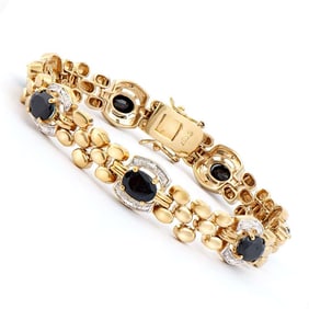 11.10 TW CTS BLACK SAPPHIRE & DIAMONDS 18K GOLD PLATED DESIGNER BRACELET SIZE 7.6 INCHES