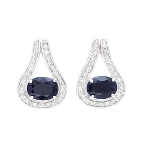 Rodium Plated Silver Oval Sapphire Earring, 4.28 g