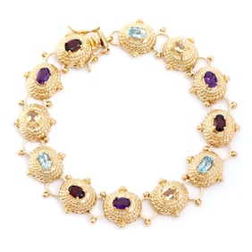 5.75 ctw Multi-Stone 18K Gold Plated Designer Antique Style Bracelet 8.1 in